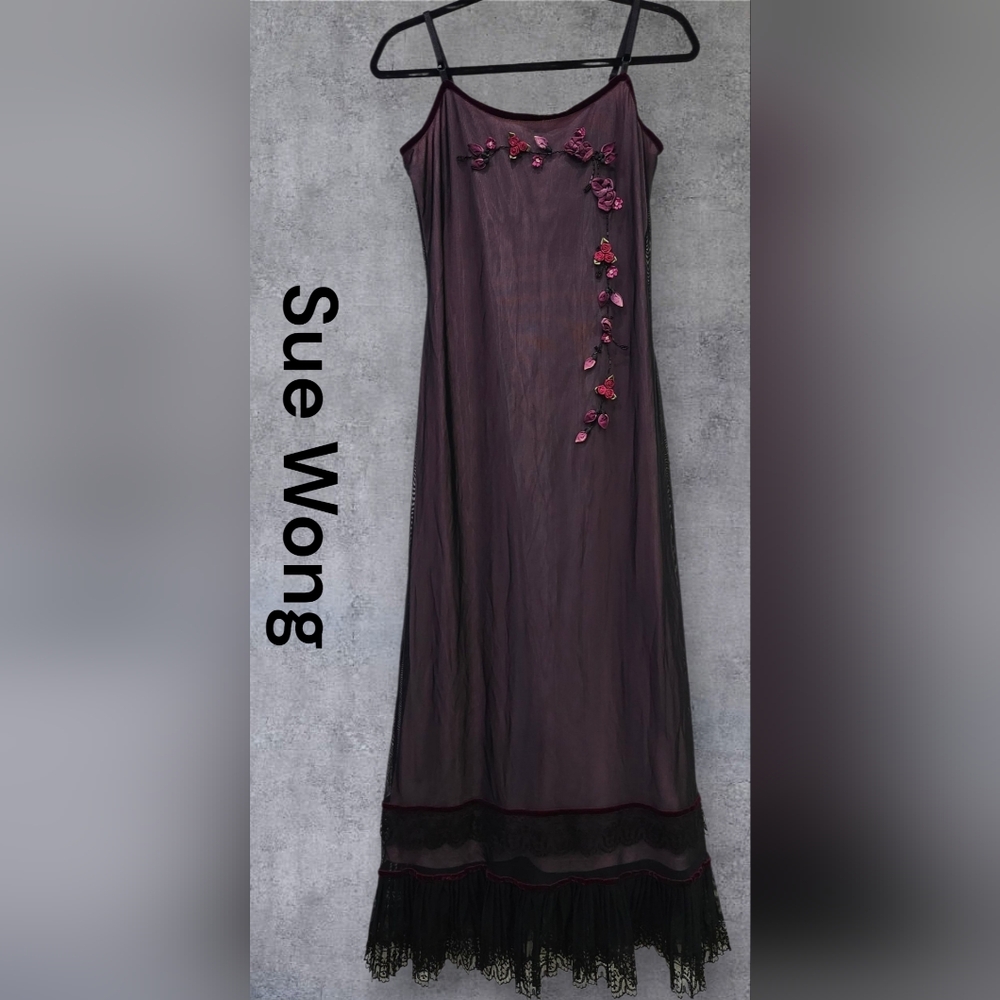 Sue Wong Y2K Pink Strappy Maxi Dress with Black Sheer Overlay Women's Medium - Picture 1 of 8